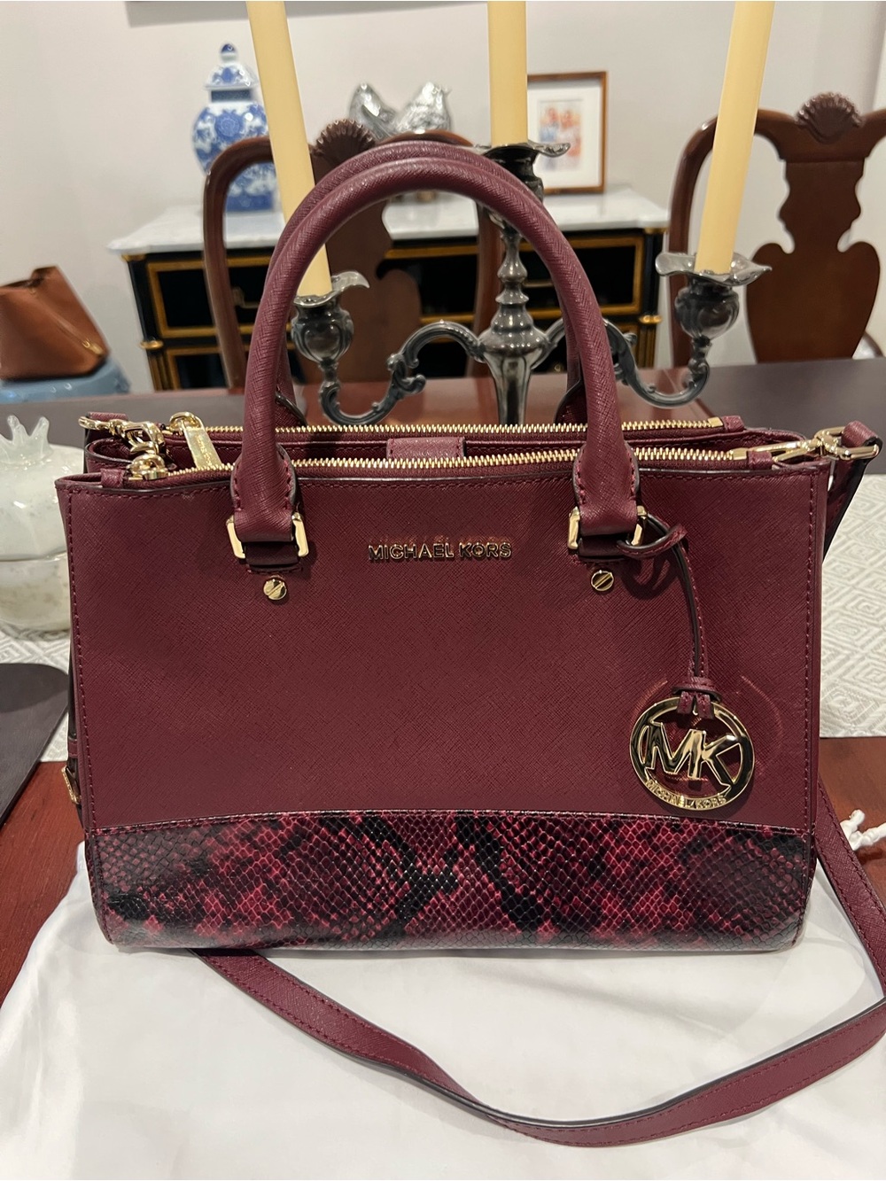 Michael Kors Wine Saffiano Satchel with Snake skin Accent
